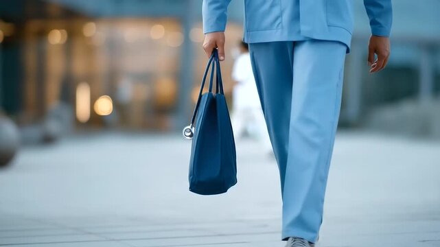 male doctor leaving hospital shift with stethoscope in bag soft dusk light authentic healthcare life three quarter wide angle cinematic color correction gentle backlight clean