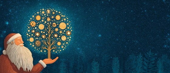 Cheerful santa claus holding a christmas tree on a festive banner winter wonderland holiday greeting illustration