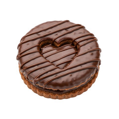 a chocolate covered cookie with chocolate icing cutout and isolated on transparent or white background. PNG
