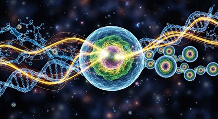 Explore the fascinating world of cellular biology with this vibrant, detailed scientific illustration showcasing DNA, cell structure, and energy flow for medical research