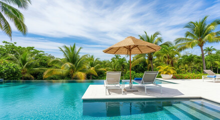 Obraz premium Stunning tropical infinity pool featuring sun loungers, straw umbrella, and clear azure water.
