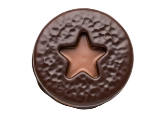 a chocolate covered cookie with chocolate icing cutout and isolated on transparent or white background. PNG
