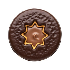 a chocolate covered cookie with chocolate icing cutout and isolated on transparent or white background. PNG
