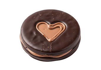 a chocolate covered cookie with chocolate icing cutout and isolated on transparent or white background. PNG
