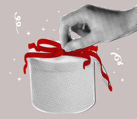 Hand opening gift box in retro halftone style,New year and Christmas halftone collage,cut out elements from paper