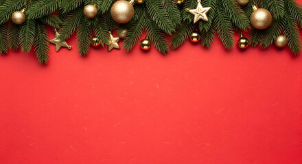 Festive Christmas Composition with Golden Ornaments and Red Background Space