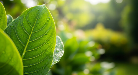 Dew-kissed vibrant green leaf close-up on blurred garden background for a fresh nature wallpaper.