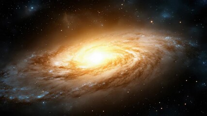 Golden spiral galaxy glowing with bright golden core and swirling dust lane starfield in deep space - Powered by Adobe