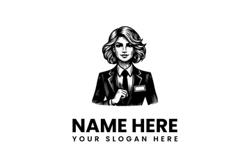 Professional businesswoman in an elegant black and white suit vector illustration, perfect for corporate branding, executive services, law firms, and financial advisor logos and icons