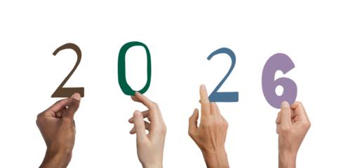 2026 numbers held by various hands symbolizing unity and celebration, isolated on white background.