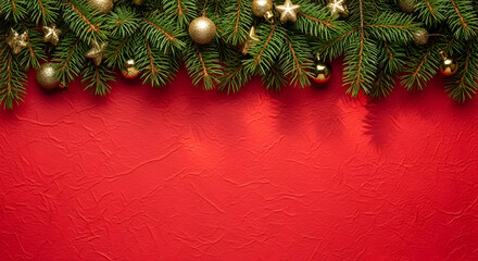 Festive Red Christmas Background with Decorated Evergreen Branches and Baubles