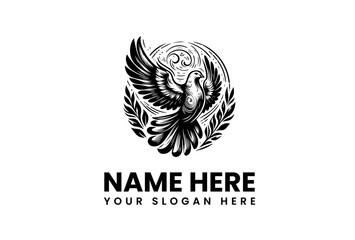 Vintage Engraved Dove Logo with Laurel Wreath - Symbol of Peace, Freedom, and Victory. Elegant Vector Emblem Design for Brand Identity