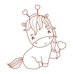 Outline Romantic Cute Pony valentine with Hearts. Little Horse Kawaii Animal. Line drawing, coloring book. Vector illustration. Not AI