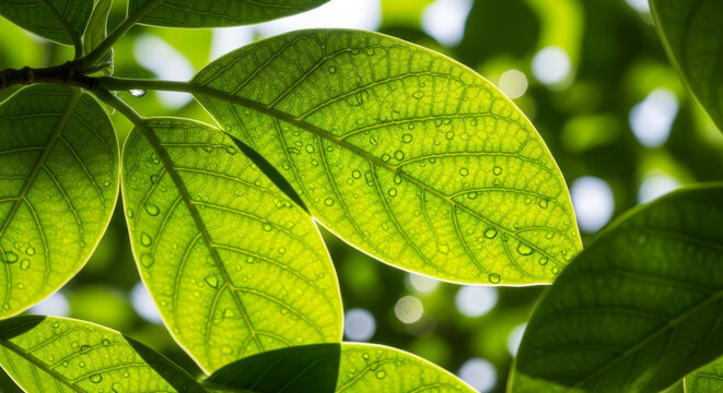 Stunning Close-up of Vibrant Green Leaves with Dew Drops, Bathed in Sunlight, Perfect Nature Wallpaper.