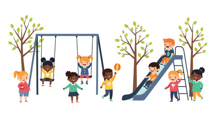 Happy diverse children playing together on a playground with a slide and swings. Multicultural kids having fun in a summer park