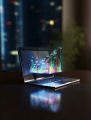 Fototapeta premium laptop on clean desk with glowing holographic charts floating above the screen, cinematic lighting, realistic reflections, symbol of data-driven productivity