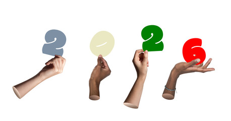 Diverse hands holding colorful 2026 numbers celebrating New Year, isolated on white background.