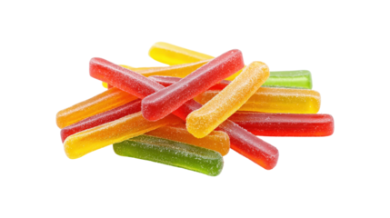 Pile of colorful gummy sticks isolated on a transparent background