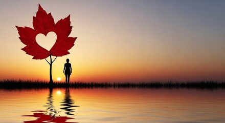 Silhouette of person near maple leaf with heart symbol at sunset