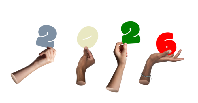 Diverse hands holding colorful 2026 numbers celebrating New Year, isolated on white background.