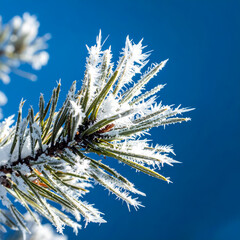 Frosted Pine Branch Winter Close-Up with Blue Background for Seasonal Design