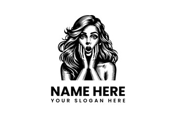 Black and White Illustration of a Woman with a Surprised Expression, Hands on Cheeks