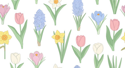 Seamless pattern of delicate spring flowers including tulips, daffodils, and hyacinths. Vector botanical illustration on a white background