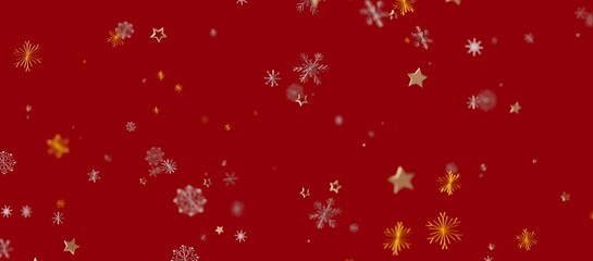 Christmas background with snowflakes and golden stars on a red background, perfect for holiday greetings and festive designs. Holiday © vegefox.com