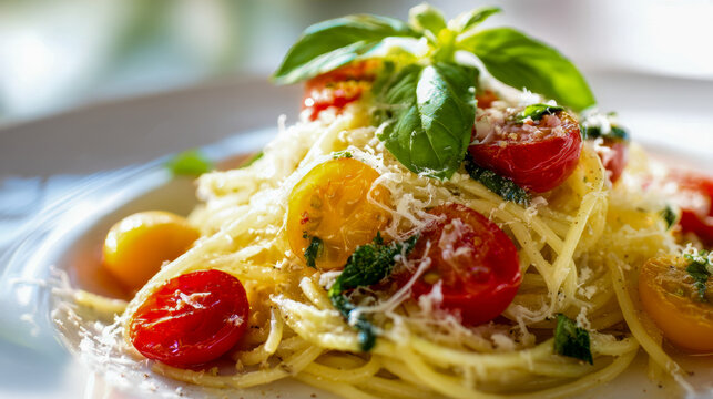 A vibrant plate of spaghetti pasta topped with fresh yellow and red cherry tomatoes, grated cheese, basil leaves, and herbs served in natural daylight on a white dis