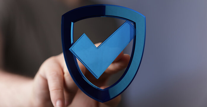A hand touches a digital shield with a check mark icon, representing security, approval, and verification. Concept of data protection - Powered by Adobe