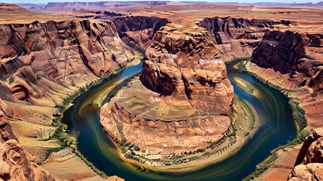 Aerial panorama of river meander carving desert canyon.