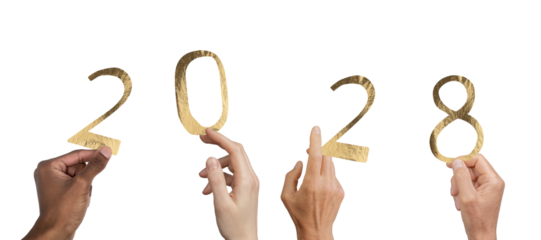 Hands lifting glossy gold 2028 digits symbolizing New Year party and celebration, isolated on white