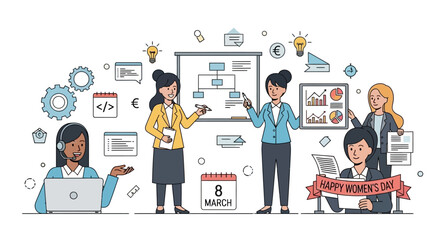 Professional businesswomen celebrating International Women's Day in a modern corporate office setting with work-related icons