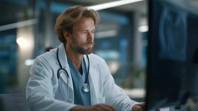 male physician reviewing imaging results with stethoscope on neck large monitor muted beeps cutting edge diagnostics three quarter wide angle cinematic color correction gentle