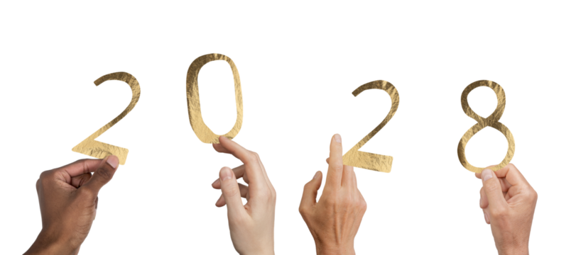 Hands lifting glossy gold 2028 digits symbolizing New Year party and celebration, isolated on white