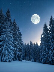 Snow covered pine forest under a bright full moon at night