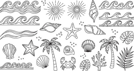 Monochromatic Vector Line Art Set of Hand-Drawn Tropical and Marine Doodles: Ocean Waves, Sunbursts, Seashells, Starfish, Palm Trees, and Coral Icons for Summer, Beach, and Vacation Design