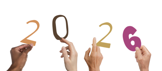 Hands of diverse people holding bright painted 2026 numbers for Happy New Year, isolated on white