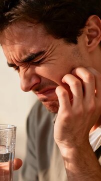 Dental pain from cold water causing a man to wince. He holds his jaw because of tooth sensitivity. Close-up vertical video.
