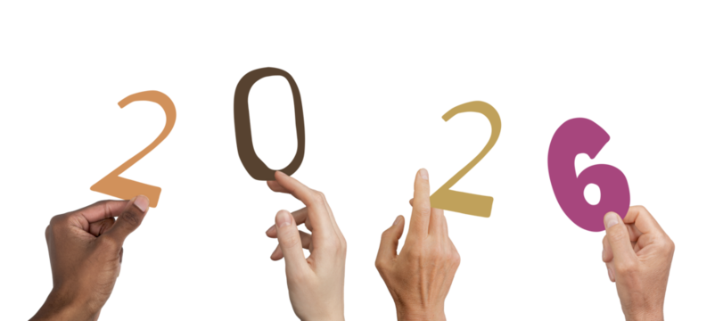 Hands of diverse people holding bright painted 2026 numbers for Happy New Year, isolated on white