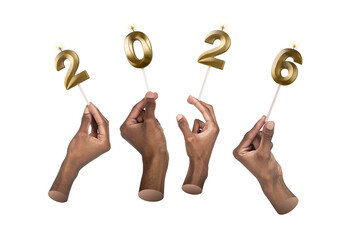 Human hands lifting 2026 candle digits expressing joy, holiday spirit, and upcoming New Year