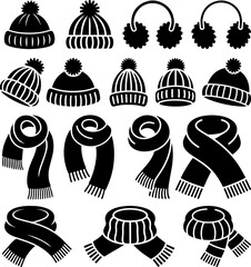 Black minimalist winter hats, earmuffs & scarves vector illustration collection. Casual stylish accessories for cold weather. Digital graphic set, seasonal pack