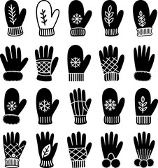 Fototapeta premium Black minimalist winter gloves & mittens, vector illustration collection. Casual stylish accessories for cold weather. Digital graphic set, seasonal pack