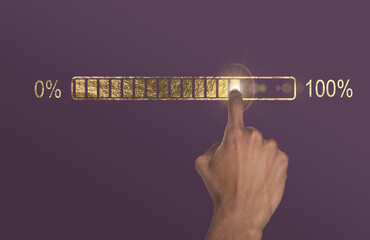 Loading bar completion. Golden digital screen with hand of African American man pointing from 0 to