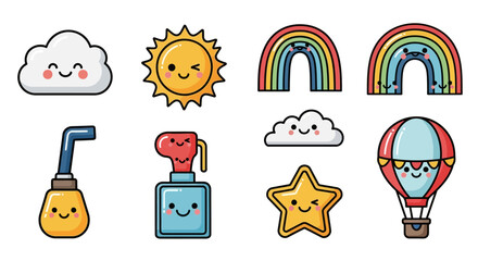 Charming cartoon weather and toy icons for whimsical designs and playful illustrations