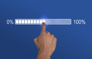 Loading bar completion concept. Hand of African American man pointing from 0 to 100 percent, symbol