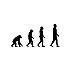 Evolution of man showing progression from ape to upright human walking forward on white backdrop representing scientific concept.