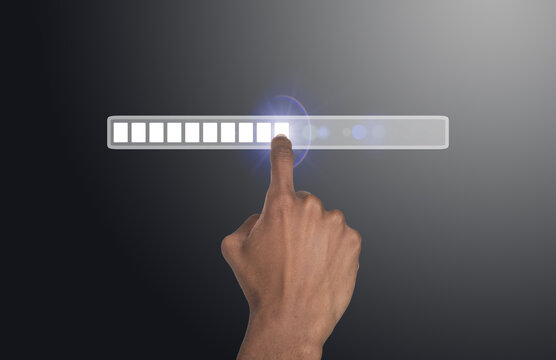 Loading bar developing process. Hand of African American man touching digital screen, symbol of AI