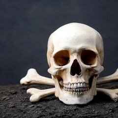 Fototapeta premium Human Skull and Crossbones Symbolizing Death s Head in Artistic Grave Relic on Dark Ground
