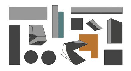 Geometric shapes floating composition with dynamic angles and neutral color scheme for abstract